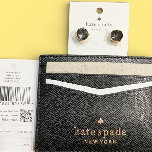 KATE SPADE NWT BLACK CARDHOLDER AND BLACK STUD EARRINGS - Picture 2 of 3